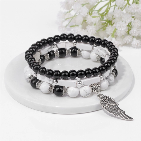 Set di Bracciali in Pietra Naturale Vintage Agata Turchese Bianco Ciondolo Ala Angelo Rosa Multistrato Boho Gioielli da Donna