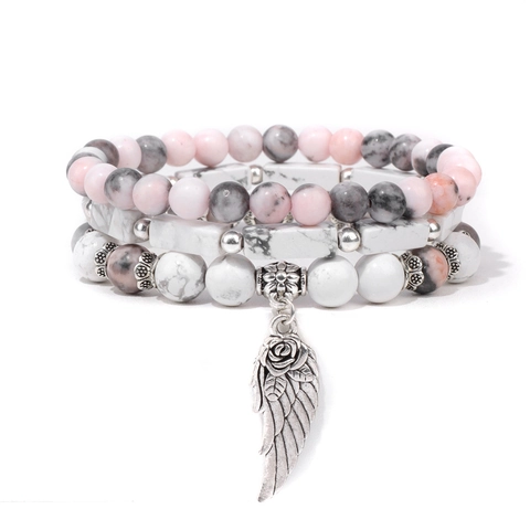 Set di Bracciali in Pietra Naturale Vintage Agata Turchese Bianco Ciondolo Ala Angelo Rosa Multistrato Boho Gioielli da Donna