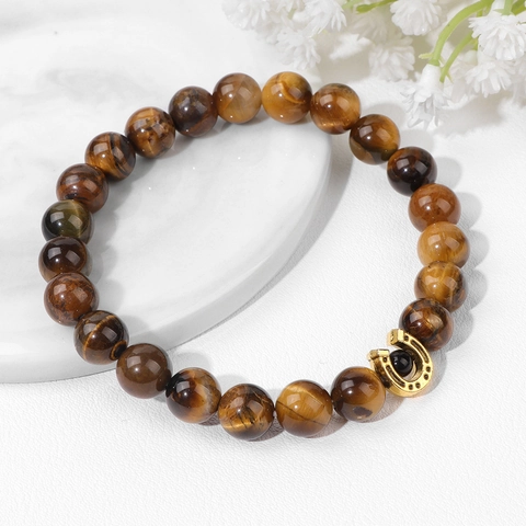 Vintage Natural Stone Beaded Bracelet With Gold Horseshoe Charm Handmade Agate Lava Stone Tiger Eye Unisex Fashion Jewelry