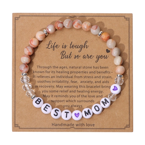 Natural Stone Agate Beaded Bracelet For Mother Daughter Letter Charm Handmade Bracelet With Greeting Card Mother's Day Gift Jewelry For Women