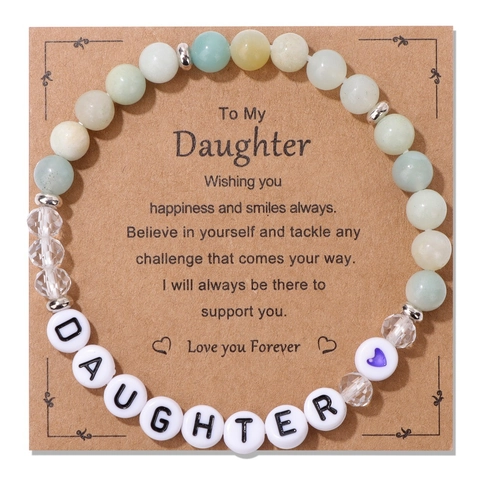 Natural Stone Agate Beaded Bracelet For Mother Daughter Letter Charm Handmade Bracelet With Greeting Card Mother's Day Gift Jewelry For Women