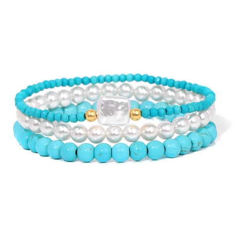 Bohemian Natural Stone Faux Artificial Pearl Three Layer Bracelet Set Elastic Beaded Strand Hand Jewelry For Women Fashion Gifts