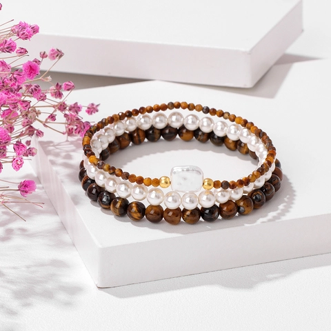 Bohemian Natural Stone Faux Artificial Pearl Three Layer Bracelet Set Elastic Beaded Strand Hand Jewelry For Women Fashion Gifts