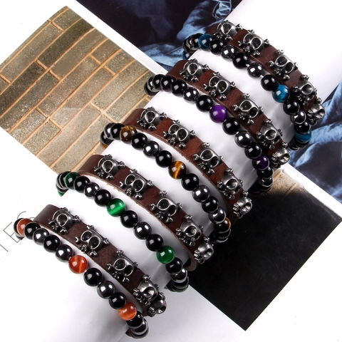 Men Punk Rock Leather Skull Bracelet Set Natural Stone Tiger Eye Beads Handmade Vintage Jewelry Wristband