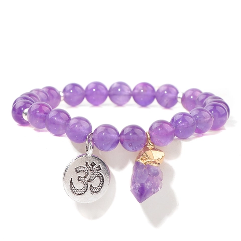 Pulsera de Cuentas de Piedra Natural Con Colgante de Cristal de Amatista Bruta Amuleto Om Elástico Meditación Yoga Joyería Ágata Mujeres Hombres