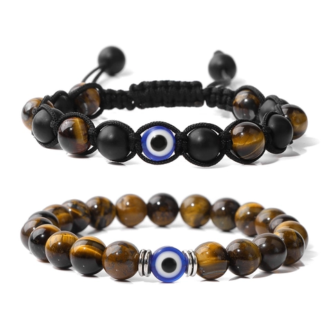 Natürlicher Tigerauge Stein Böser Blick Gewebtes Armband Handgefertigtes Achat Perlen Verstellbares Charm Armband Für Damen Herren