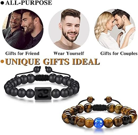 Set di Braccialetti con Perle in Agata e Occhio di Tigre Naturale 12 Costellazioni Zodiacali per Uomo Donna Bracciale in Pietra Intrecciata Regolabile Gioielli Regalo