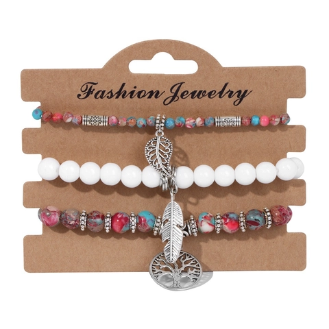 Bohemian Natural Agate Beaded Bracelet Set For Women Silver Tree Of Life Leaf Feather Pendant Retro Hand Jewelry Gift