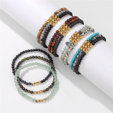 Natural Stone Bead Bracelet Set Minimalist Alloy Metal Spacer Beads Vintage Elastic Hand String Jewelry For Men Women