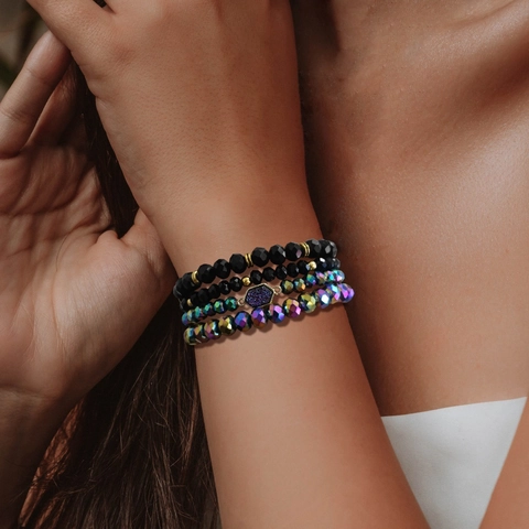 Bracelet Vintage en Cristal Synthétique pour Femmes avec Perles de Verre Facettées Multicouches Pendentif Druse Hexagonale Bijoux
