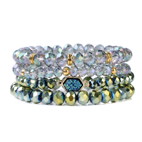 Bracelet Vintage en Cristal Synthétique pour Femmes avec Perles de Verre Facettées Multicouches Pendentif Druse Hexagonale Bijoux