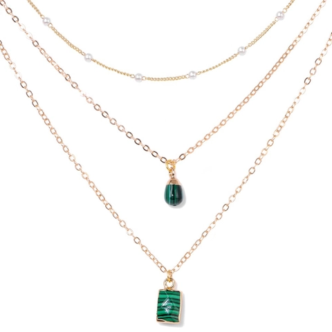 Minimalist 18K Gold Plated Triple Layered Necklace With Natural Stone Water Drop Rectangle Pendant Artificial Pearl Bead Women Jewelry