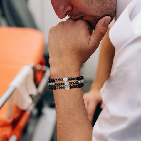 Set di Braccialetti con Perline da Uomo Vintage Agata Pietra Vulcanica Pietra Lavica Fatti a Mano Modello Geometrico Gioielli