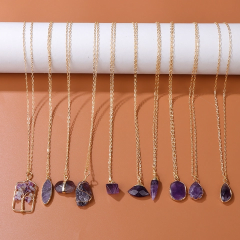 Collana con Ciondolo in Lega Placcata Oro e Cristallo Artificiale Viola Vintage per Donna Gioielli Fatti a Mano Stile Ametista