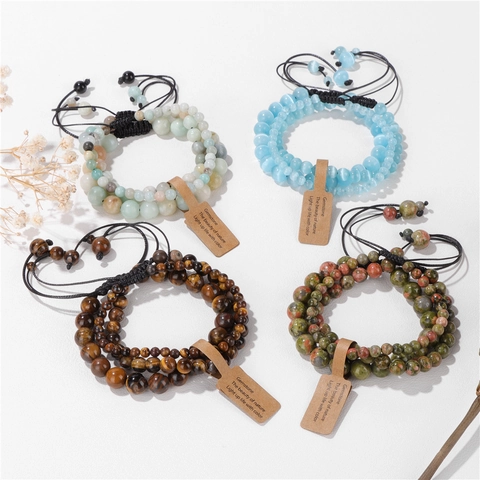 Natural Stone Agate Beaded Bracelet Set Retro Hand-Woven Adjustable Three-Layer Jewelry For Men Women Daily Gift