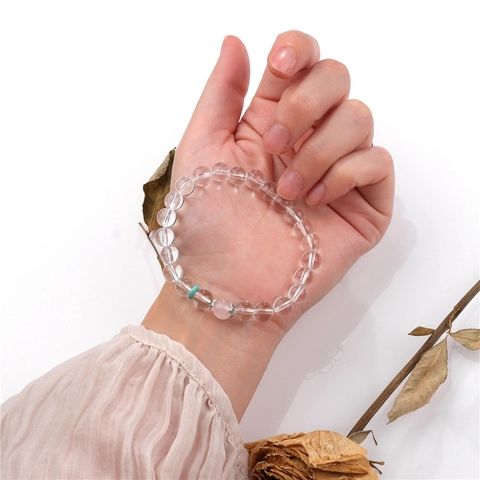 Pulsera Minimalista de Cuentas de Cristal Artificial Transparente Con Cuarzo Rosa Turquesa Espaciadores de Metal Joyería Mujer