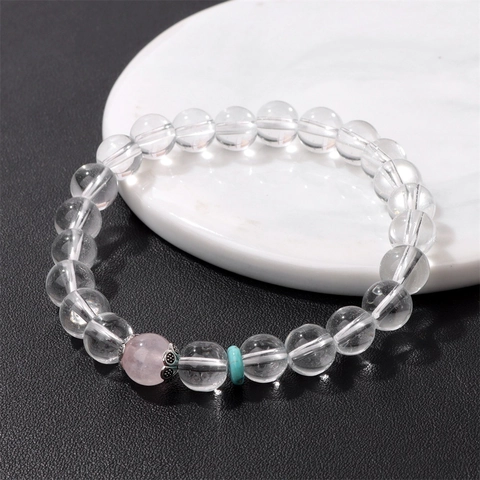 Pulsera Minimalista de Cuentas de Cristal Artificial Transparente Con Cuarzo Rosa Turquesa Espaciadores de Metal Joyería Mujer