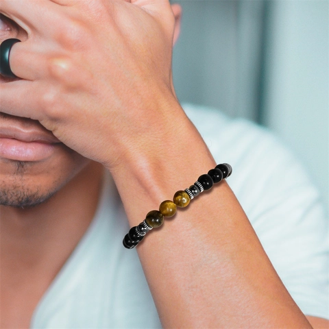 Natural Tiger Eye Black Agate Beaded Bracelet For Men Dad And Son Gift Card Retro Handmade Stone Jewelry Elastic Bead Bracelet