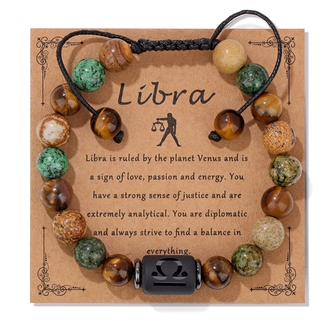 Bracciale Vintage in Grani di Agata Uomo Donna Unisex Simbolo dei Segni Zodiacali Tessuto a Mano Regolabile Braccialetto in Pietra Naturale Gioielli Regalo