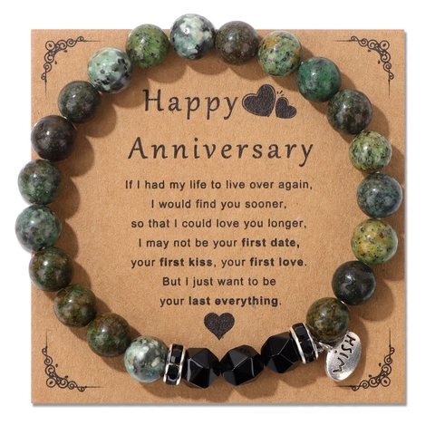 Vintage Natural Stone Beaded Bracelet With Wish Pendant Alloy Spacers Handmade Men Jewelry On Greeting Card Packaging