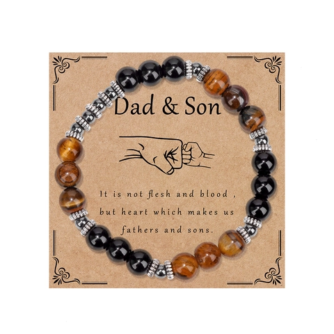 Natural Tiger Eye Black Agate Beaded Bracelet For Men Dad And Son Gift Card Retro Handmade Stone Jewelry Elastic Bead Bracelet