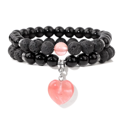 Retro Lava Stone Agate Bead Double Layer Bracelet For Women Heart Stone Pendant Elastic Rope Hand Chain Jewelry Gift