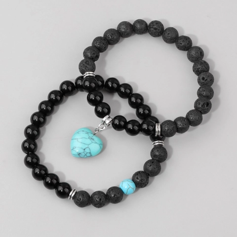 Retro Lava Stone Agate Bead Double Layer Bracelet For Women Heart Stone Pendant Elastic Rope Hand Chain Jewelry Gift