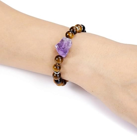 Pulsera de Cuentas de Ágata y Piedra en Bruto de Amatista Natural para Hombres Mujeres Vintage Amuleto de la Suerte Ojo de Tigre Cuarzo Rosa Cuerda Elástica Joyería Hecha a Mano