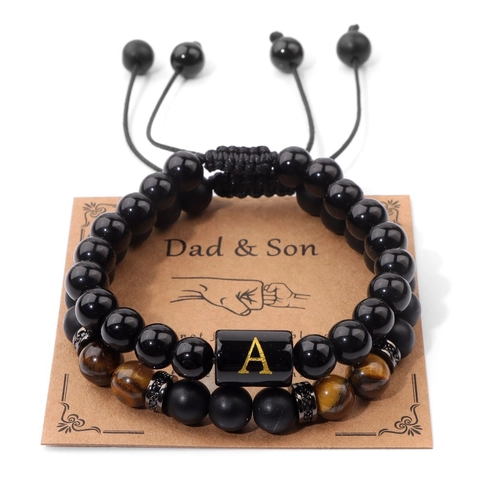 Bracciale in Perline di Agata Occhio di Tigre per Uomo Padre E Figlio Lettera Iniziale Corda Regolabile Gioielli Fatti a Mano