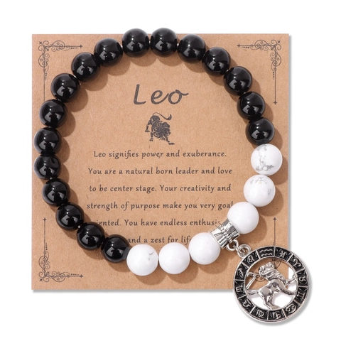 12 Zodiac Constellation Bracelet For Men Women Black White Stone Beads Elastic Cord Hand Chain With Sign Card Astrology Jewelry Gift