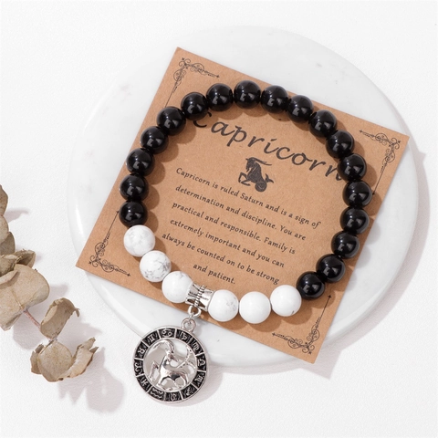 12 Zodiac Constellation Bracelet For Men Women Black White Stone Beads Elastic Cord Hand Chain With Sign Card Astrology Jewelry Gift