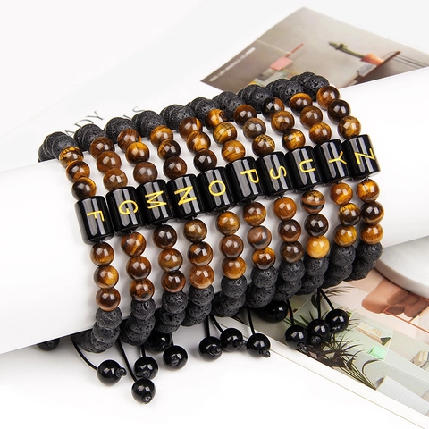Bracciale di Perline in Pietra Lavica e Occhio di Tigre con Iniziale per Uomo Donna Corda Regolabile Gioielli Etnici Retro