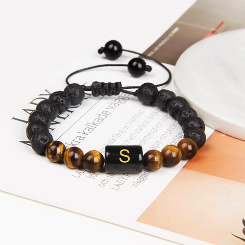 Bracciale di Perline in Pietra Lavica e Occhio di Tigre con Iniziale per Uomo Donna Corda Regolabile Gioielli Etnici Retro