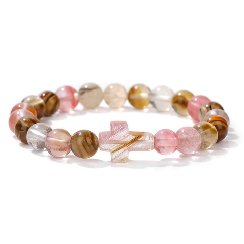 Natural Stone Beaded Bracelet With Cross Charm Lava Rock Tiger Eye Agate Elastic Rope Jewelry For Women Men