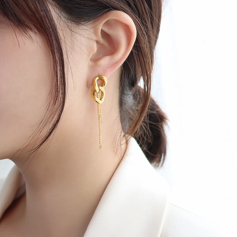 Titanstahl 18K Vergoldet Doppelt Ineinandergreifende Schlaufe Kette Quaste Ohrhänger Für Damen Mode Minimalistischer Schmuck