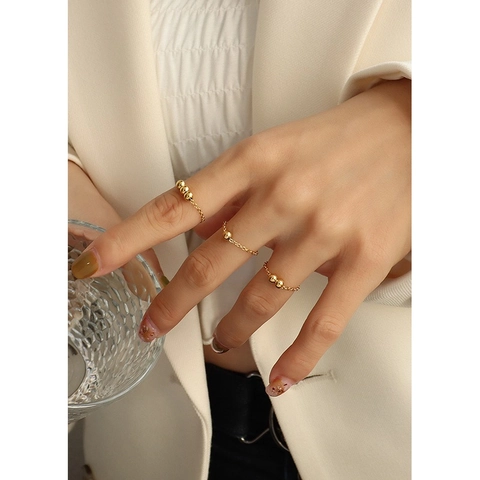 Minimalist Titanium Steel 18K Gold Plated Chain Ring For Women With Polished Beads Elegant Fashion Jewelry Finger Ring Gift
