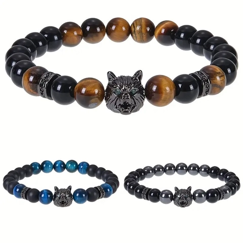 Natural Tiger Eye Stone Wolf Head Beaded Bracelet For Men Alloy Animal Charm Obsidian Agate Elastic Bracelet Jewelry