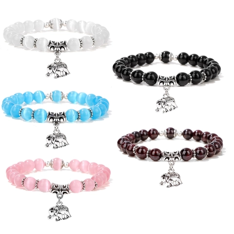 Braccialetto in Perle di Agata e Pietra Occhio di Gatto per Donna Ciondolo Elefante in Lega Vintage Fatto a Mano Gioielli Unisex