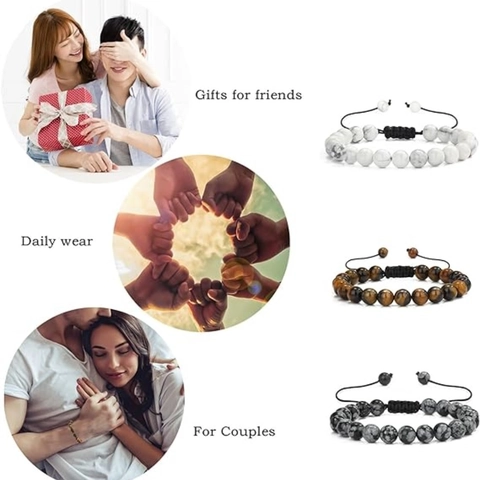 8mm Natural Stone Beads 3Pcs Bracelet Set Tiger Eye Lava Rock White Howlite Adjustable Braided Rope Vintage Jewelry For Men Women