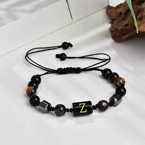 Braccialetto Retrò in Pietra Occhio di Tigre Naturale e Agata Intrecciato a Mano con Corda Regolabile Lettera Alfabeto Uomo Donna Gioielli
