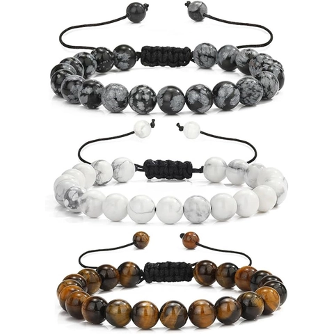 8mm Natural Stone Beads 3Pcs Bracelet Set Tiger Eye Lava Rock White Howlite Adjustable Braided Rope Vintage Jewelry For Men Women