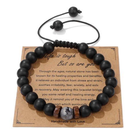 Braccialetto da Uomo Intrecciato a Mano Vintage Con Perline Nere Opache da 8mm e Pietra Occhio di Tigre Regolabile Regalo