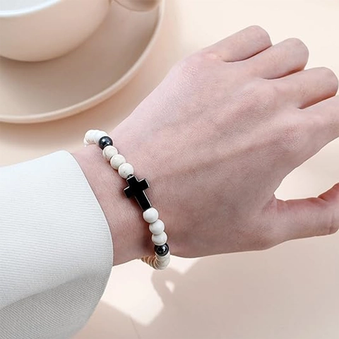 Herren Perlenarmband Naturstein Kreuz Anhänger Elastisch Handgefertigt Vintage Religiöses Gebet Meditation Schmuck Für Damen Herren