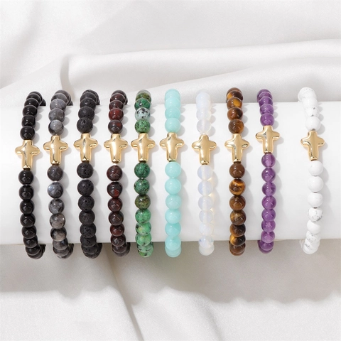 Vintage Naturstein Perlen Armband Mit Goldenem Kreuzanhänger Handgefertigte Elastische Perlen Handschmuck Für Herren Damen