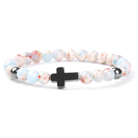Herren Perlenarmband Naturstein Kreuz Anhänger Elastisch Handgefertigt Vintage Religiöses Gebet Meditation Schmuck Für Damen Herren