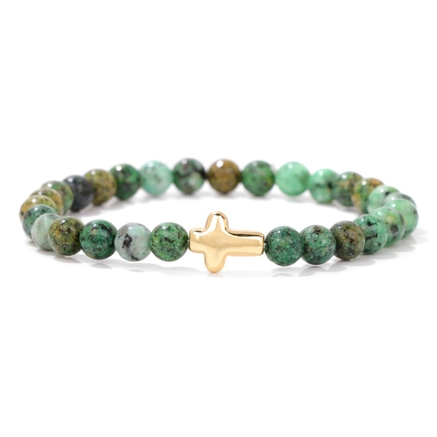 Vintage Naturstein Perlen Armband Mit Goldenem Kreuzanhänger Handgefertigte Elastische Perlen Handschmuck Für Herren Damen