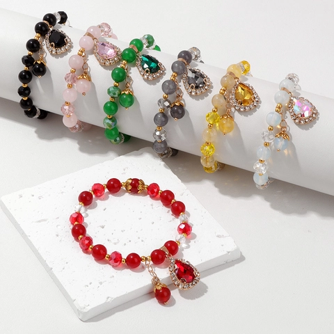 Fashion Artificial Crystal Beaded Bracelet For Women With Teardrop Rhinestone Pendant Elegant Alloy Elastic Hand Chain Jewelry Gift