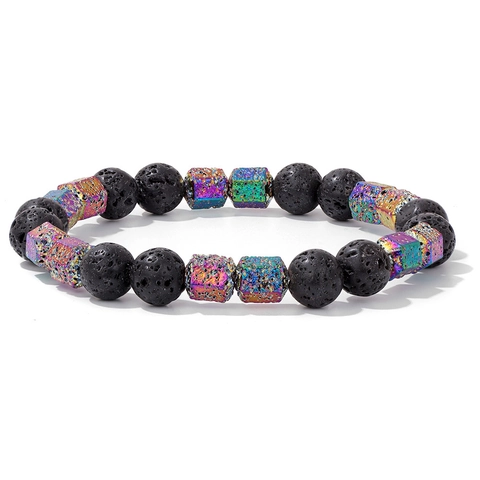Bracelet de Perles en Agate pour Homme Fait à la Main Perles de Pierre de Lave Électroplaquées Colorées Fil Élastique Bijoux Tendance Homme