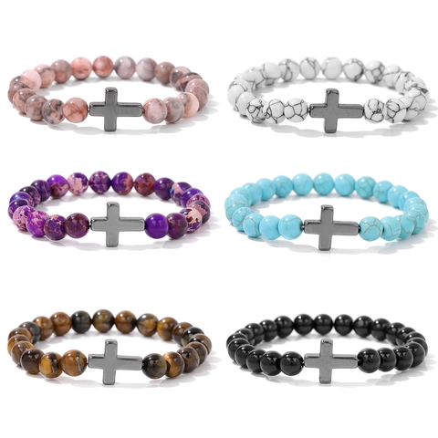 Naturstein Kreuz Perlen Armband Für Herren Damen Achat Tigerauge Kaiserstein Elastisches Seil Religiöser Gebetsschmuck