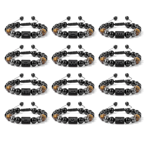 Bracciale con Perline Zodiacali per Uomo Donna Pietra Occhio di Tigre Naturale Ossidiana Ematite Corda Intrecciata Regolabile Gioielli